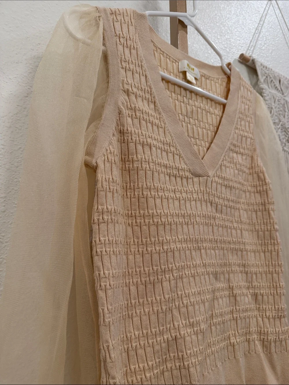 MAEVE by Anthropologie Sheer-Sleeve V-Neck Knit Top in Cream